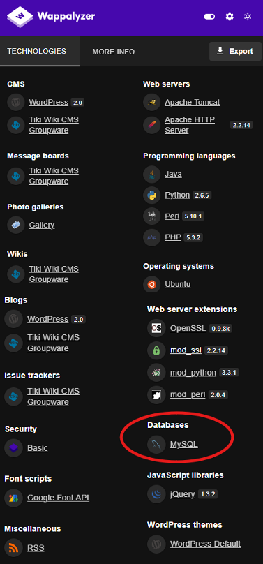 Wappalyzer Output showing MySQL